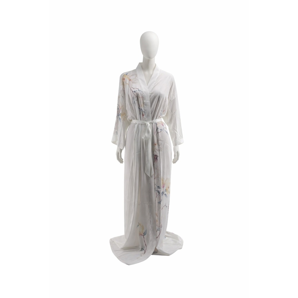 Escalier‎ White Floral Satin Maxi Kimono Robe One Size NWT Bridal Elegant Spring